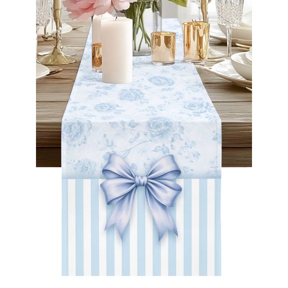 Table Runner Blue Bow Tie Table Runners Knot Floral Stripes Cotton Linen Dresser Scarf Kitchen Dining Table Decor for Holiday Party Home Decor 13x36 Inch