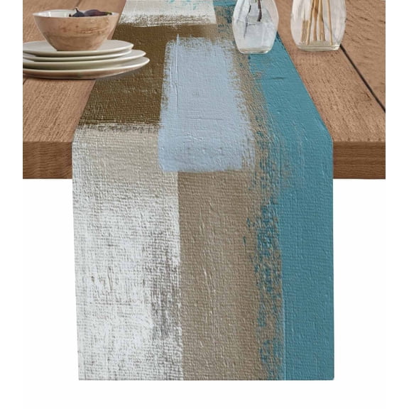 Table Runner Blue Brown Abstract Painting Table Decoration for Kitchen Dinning Beige Modern Art Table Decoration for Indoor Outdoor Party Wedding Decor 13x90inch
