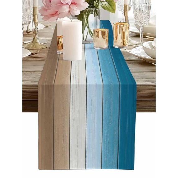 Table Runner Blue Brown Wood Grain Table Runners Farm Wooden Cotton Linen Dresser Scarf Kitchen Dining Table Decor for Home Dinner Party Decor 13x90 Inch