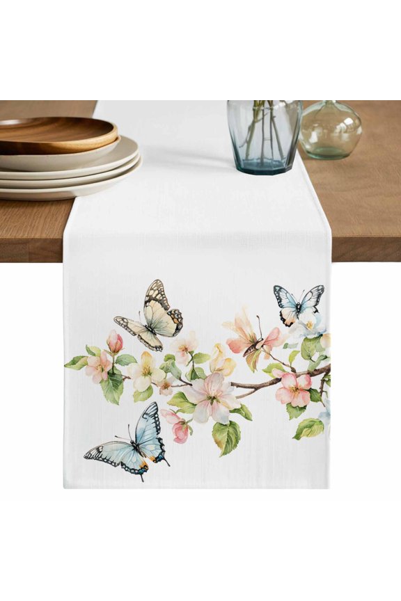 Table Runner Blue Butterfly Soft Linen Style Table Runner Cloth Flowers Leaves Dining Table Decor for Kitchen, Dining Room, Parties, Holiday & Everyday Use 13x36 Inch