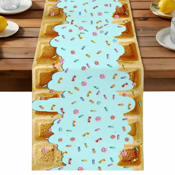 Table Runner Blue Creamy Sugar Waffles Decorative Table Runner for Kitchen Rustic Country Delicious Food Dinning Runner for Party Wedding Holiday Indoor Outdoor 13x36inch