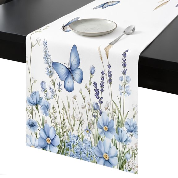 Table Runner Blue Daisy Plant Decorative Dining Table Runner Flowers Butterfly Leaf Kitchen Table Decoration for Home, Holiday and Party Use 13x36 Inch