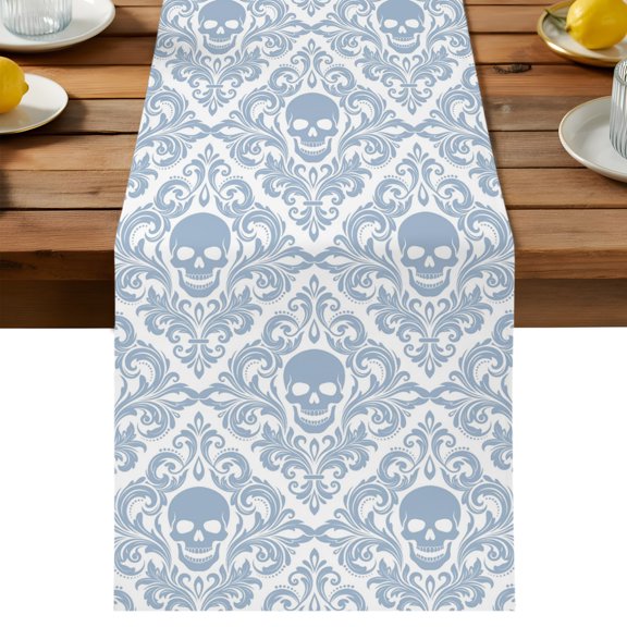 Table Runner Blue Damascus Skeleton Decorative Table Runner for Kitchen Modern Abstract Flowers Pattern Dinning Runner for Party Wedding Holiday Indoor Outdoor 13x36inch