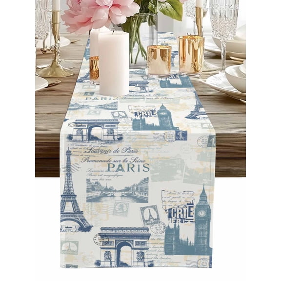 Table Runner Blue Eiffel Tower Table Runners France Paris Travel Landscape Cotton Linen Dresser Scarf Kitchen Dining Table Decor for Home Dinner Party Decor 13x36 Inch