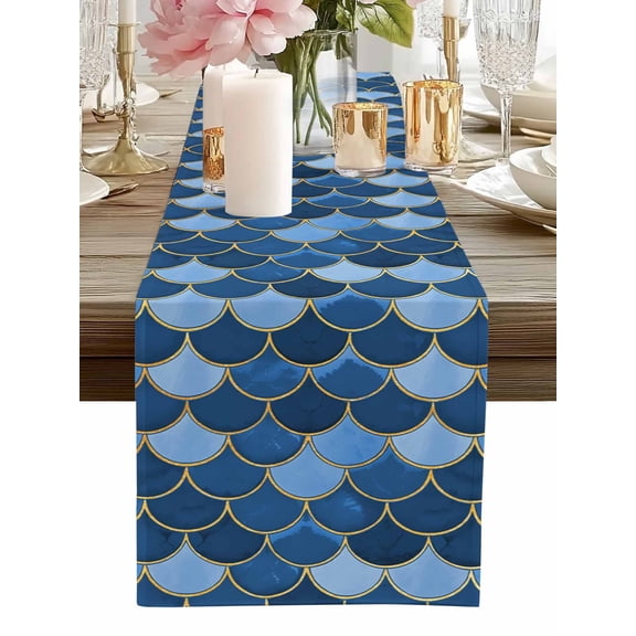 Table Runner Blue Fish Scales Table Runners Ombre Fish Tail Cotton Linen Dresser Scarf Kitchen Dining Table Decor for Home Dinner Party Decor 13x36 Inch