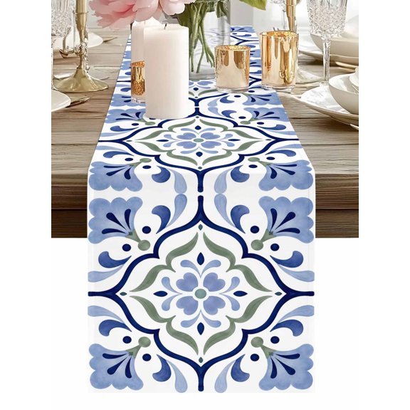Table Runner Blue Floral Vines Table Runners Acanthus Leaves Aesthetic Baroque Cotton Linen Dresser Scarf Kitchen Dining Table Decor for Holiday Party Home Decor 13x90 Inch