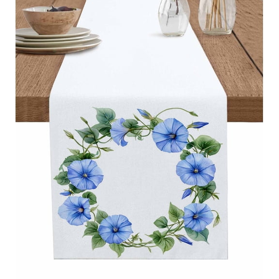 Table Runner Blue Flower Wreath Table Decoration for Kitchen Dinning Spring Pastoral Table Decoration for Indoor Outdoor Party Wedding Decor 13x90 Inch