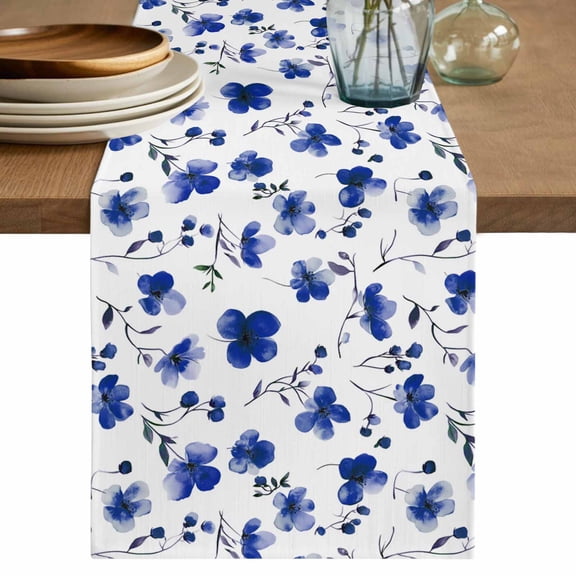 Table Runner Blue Flowers Leaf Soft Linen Style Table Runner Cloth Wildflowers Simple Style Dining Table Decor for Kitchen, Dining Room, Parties, Holiday & Everyday Use 13x36 Inch