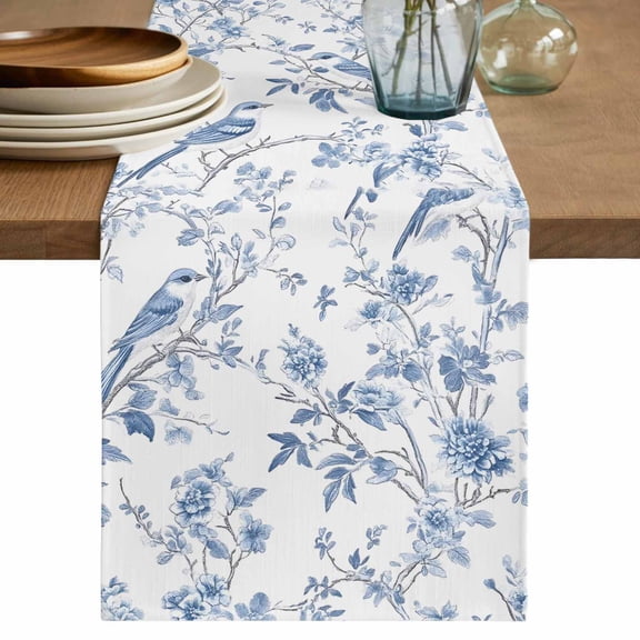 Table Runner Blue Flowers Soft Linen Style Table Runner Cloth Tree Branch Birds Dining Table Decor for Kitchen, Dining Room, Parties, Holiday & Everyday Use 13x36 Inch