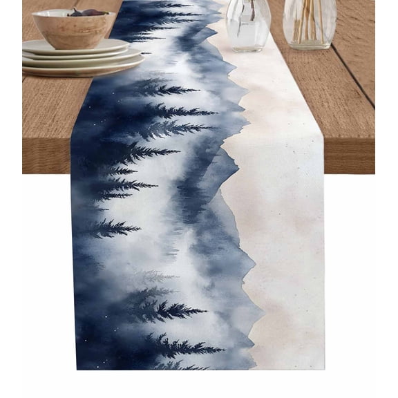 Table Runner Blue Forest Mountain Table Decoration for Kitchen Dinning Watercolor Landscape Table Decoration for Indoor Outdoor Party Wedding Decor 13x90 Inch