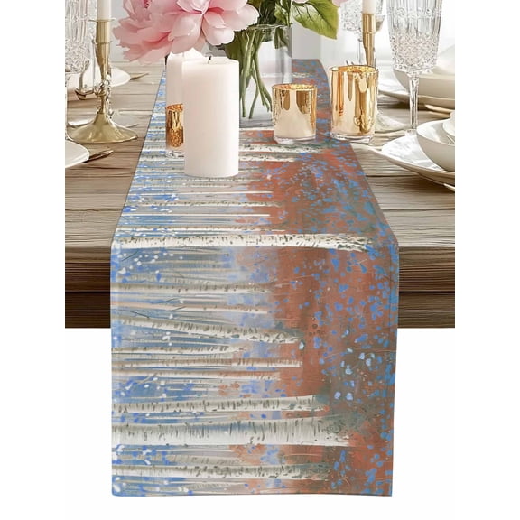 Table Runner Blue Forest Plant Table Runners Tree Illustration Cotton Linen Dresser Scarf Kitchen Dining Table Decor for Home Dinner Party Decor 13x36 Inch