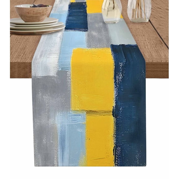 Table Runner Blue Gray Yellow Oil Painting Table Decoration for Kitchen Dinning Abstract Art Table Decoration for Indoor Outdoor Party Wedding Decor 13x72inch