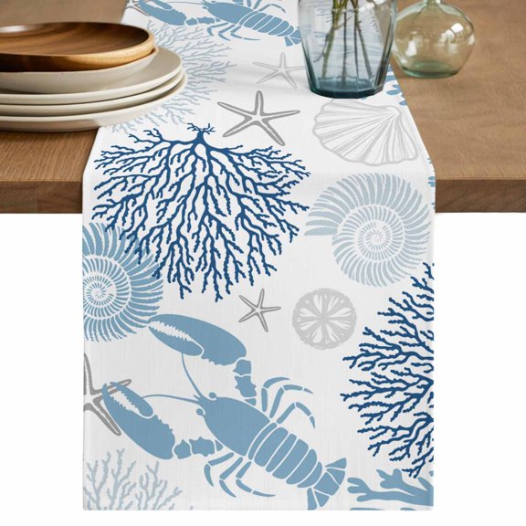 Table Runner Blue Lobster Soft Linen Style Table Runner Cloth Coral Starfish Shell Dining Table Decor for Kitchen, Dining Room, Parties, Holiday & Everyday Use 13x36 Inch