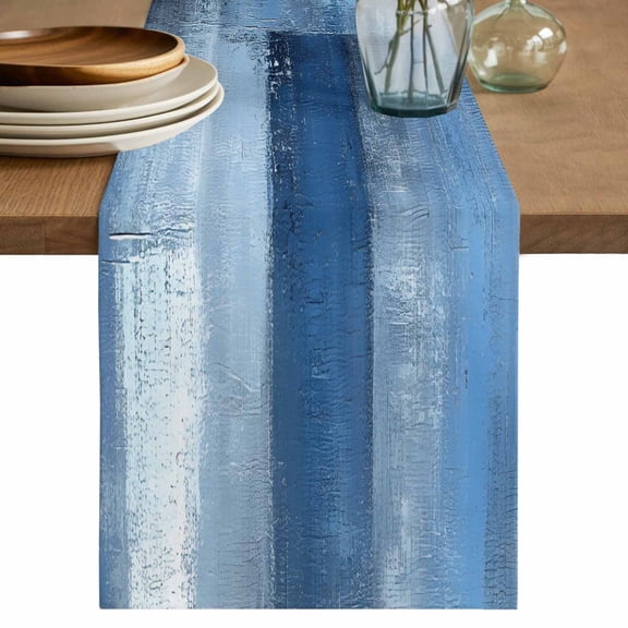 Table Runner Blue Modern Art Abstract Painting Soft Linen Style Table Runner Cloth Blue Gray White Dining Table Decor for Kitchen, Dining Room, Parties, Holiday & Everyday Use 13x36 Inch