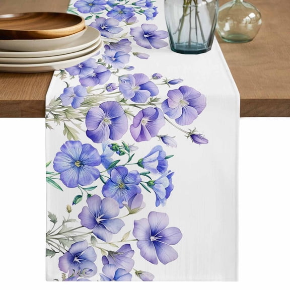 Table Runner Blue Morning Glory Flower Soft Linen Style Table Runner Cloth Floral Branch Leaves Dining Table Decor for Kitchen, Dining Room, Parties, Holiday & Everyday Use 13x36 Inch