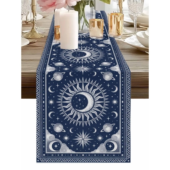 Table Runner Blue Mystical Star Moon Table Runners Celestial Galaxy Cosmic Cotton Linen Dresser Scarf Kitchen Dining Table Decor for Holiday Party Home Decor 13x36 Inch