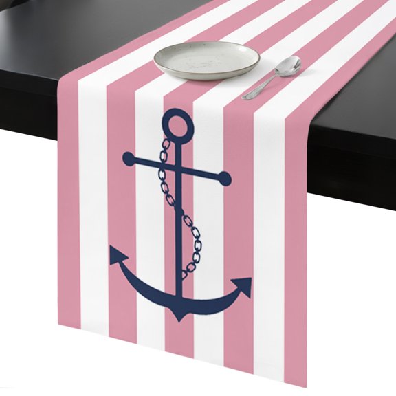 Table Runner Blue Nautical Anchor Chain Decorative Dining Table Runner Pink and White Stripes Kitchen Table Decoration for Home, Holiday and Party Use 13x36 Inch
