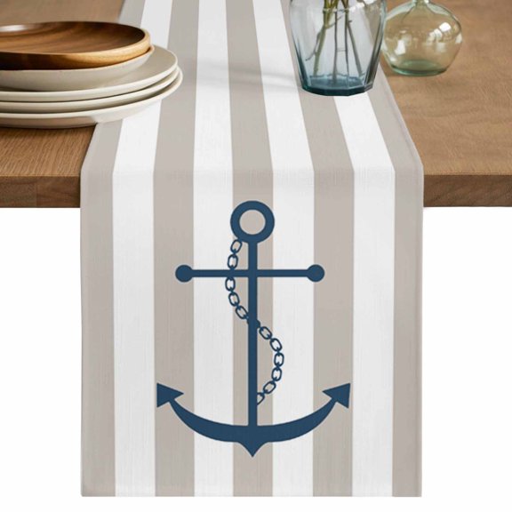 Table Runner Blue Nautical Anchor Chain Soft Linen Style Table Runner Cloth Beige White Stripes Dining Table Decor for Kitchen, Dining Room, Parties, Holiday & Everyday Use 13x36 Inch