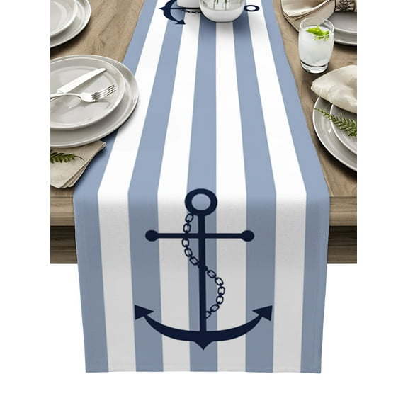 Table Runner Blue Nautical Anchor Chain Table Decoration for Kitchen Dinning Stripes Pattern Table Decoration for Indoor Outdoor Party Wedding Decor 13x72inch
