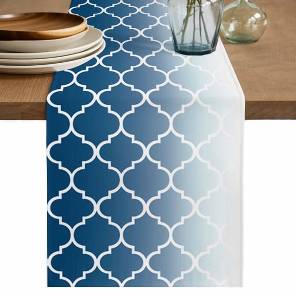Table Runner Blue Ombre Gradual Color Soft Linen Style Table Runner Cloth Morocco Pattern Dining Table Decor for Kitchen, Dining Room, Parties, Holiday & Everyday Use 13x72 Inch