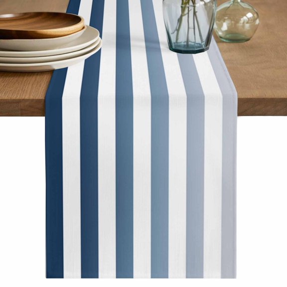 Table Runner Blue Ombre Stripes Soft Linen Style Table Runner Cloth Geometric Gradual Color Gradient Dining Table Decor for Kitchen, Dining Room, Parties, Holiday & Everyday Use 13x36 Inch