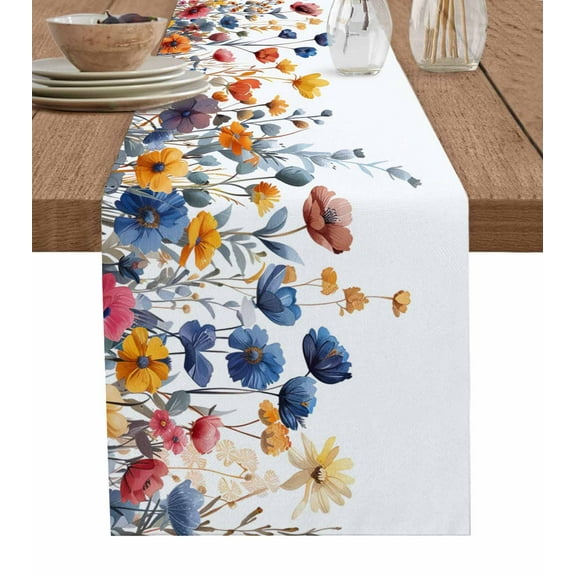 Table Runner Blue Palm Leaves Table Decoration for Kitchen Dinning Orange Tropical Floral Plants Table Decoration for Indoor Outdoor Party Wedding Decor 13x90inch