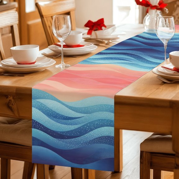 Table Runner Blue Peach Layered Ocean Waves Dresser Scarves 13x36 Inch,Linen Table Runners Gradient Striped Tablerunner for Home Dining Indoor Outdoor Wedding Party Tabletop Decor
