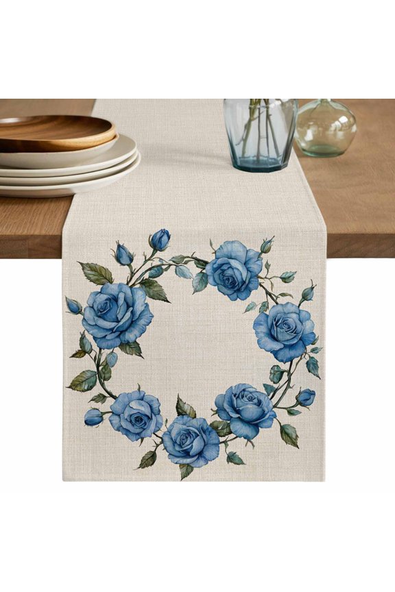 Table Runner Blue Rose Soft Linen Style Table Runner Cloth Retro Wreath Dining Table Decor for Kitchen, Dining Room, Parties, Holiday & Everyday Use 13x36 Inch