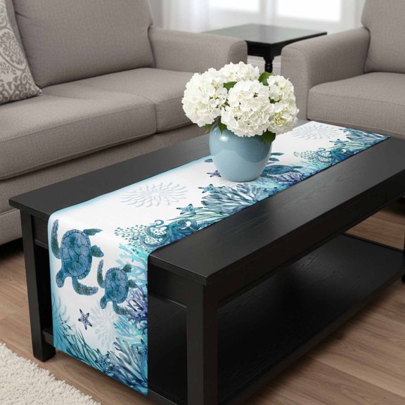 Table Runner Blue Sea ​​turtle Coral Seagrass Sea Nuts Dresser Scarves 13x36 Inch,Linen Table Runners Underwater World Tablerunner for Home Dining Indoor Outdoor Wedding Party Tabletop Decor
