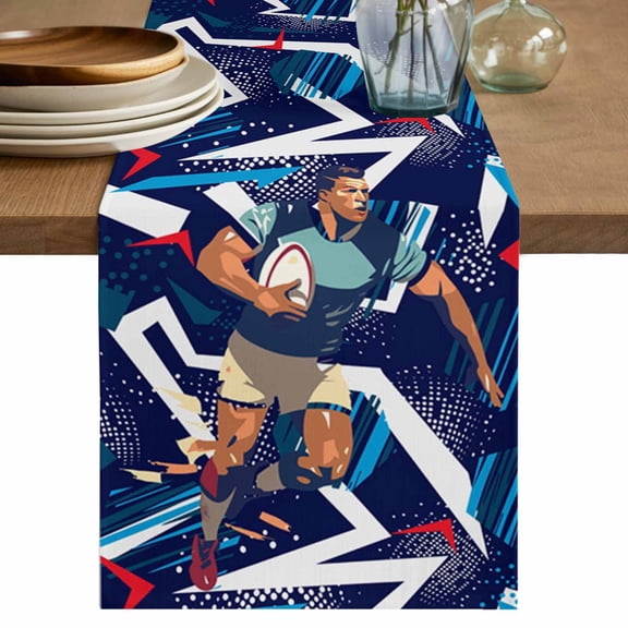 Table Runner Blue Sport Style Soft Linen Style Table Runner Cloth Active Runner Rugby Athletes Dining Table Decor for Kitchen, Dining Room, Parties, Holiday & Everyday Use 13x108 Inch