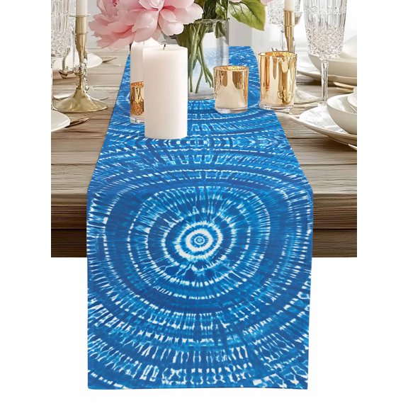 Table Runner Blue Tie-Dye Art Table Runners Abstract Boho Tribe Cotton Linen Dresser Scarf Kitchen Dining Table Decor for Home Dinner Party Decor 13x36 Inch