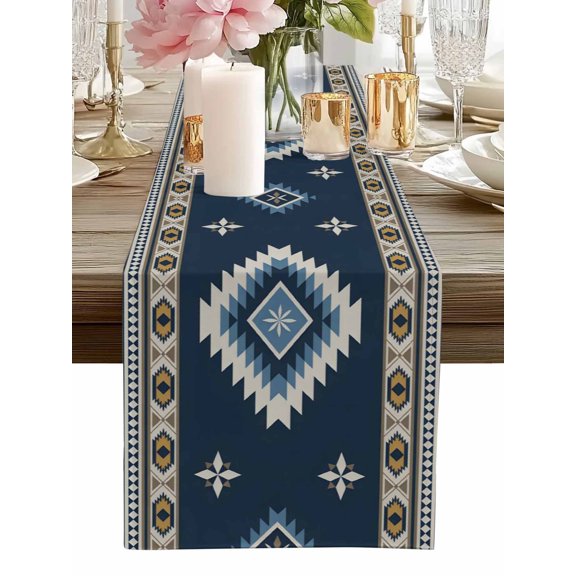 Table Runner Blue Tribal Geometric Table Runners Vintage Boho Native Abstract Cotton Linen Dresser Scarf Kitchen Dining Table Decor for Home Dinner Party Decor 13x36 Inch