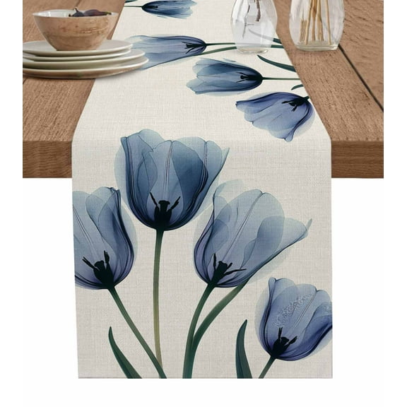 Table Runner Blue Tulip Table Decoration for Kitchen Dinning Flower Plant Beige Table Decoration for Indoor Outdoor Party Wedding Decor 13x90 Inch