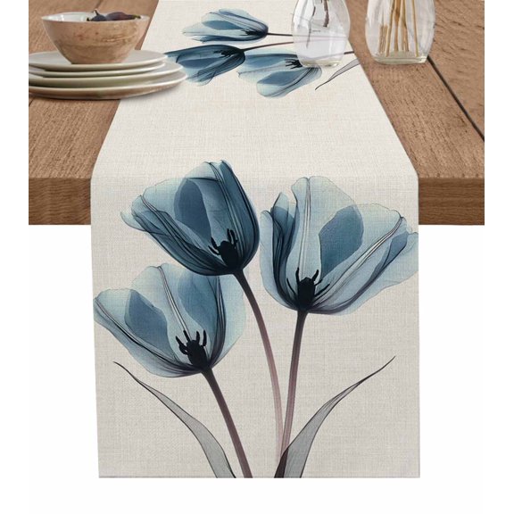 Table Runner Blue Tulip Table Decoration for Kitchen Dinning Retro Flower Floral Table Decoration for Indoor Outdoor Party Wedding Decor 13x72 Inch