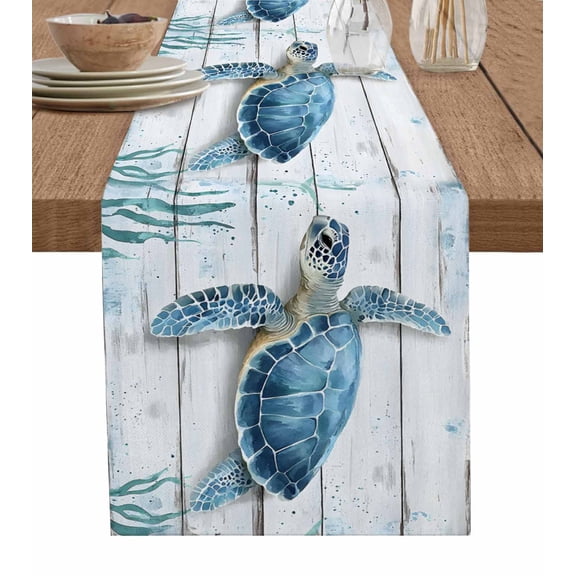 Table Runner Blue Turtle Seaweed Table Decoration for Kitchen Dinning White Wood Grain Table Decoration for Indoor Outdoor Party Wedding Decor 13x72inch