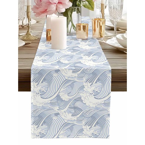 Table Runner Blue Waves Table Runners Ocean Lines Stripes Cotton Linen Dresser Scarf Kitchen Dining Table Decor for Home Dinner Party Decor 13x72 Inch