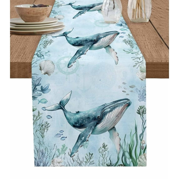 Table Runner Blue Whale Coral Shell Table Decoration for Kitchen Dinning Ocean Beach Table Decoration for Indoor Outdoor Party Wedding Decor 13x90inch
