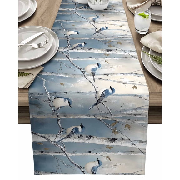 Table Runner Blue White Bird Tree Table Decoration for Kitchen Dinning Oil Painting Table Decoration for Indoor Outdoor Party Wedding Decor 13x72inch