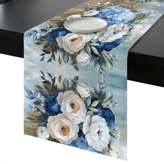 Table Runner Blue White Hydrangea Decorative Dining Table Runner Oil Painting Kitchen Table Decoration for Home, Holiday and Party Use 13x72 Inch