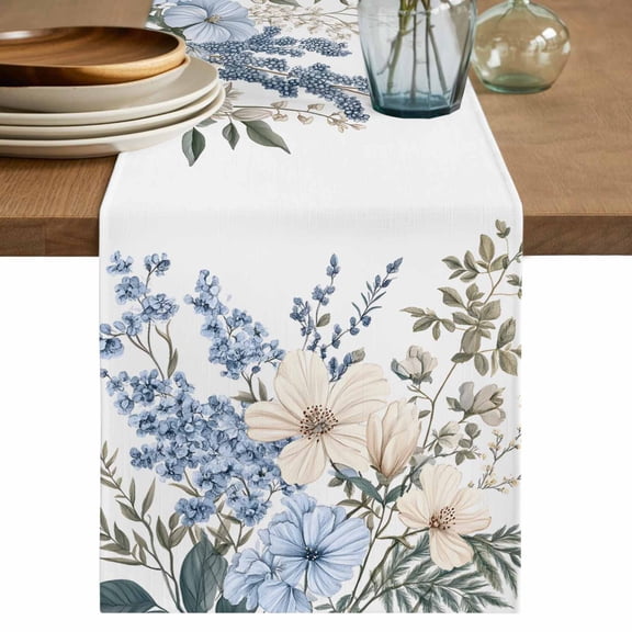 Table Runner Blue Wildflower Soft Linen Style Table Runner Cloth Leaves Plant Dining Table Decor for Kitchen, Dining Room, Parties, Holiday & Everyday Use 13x36 Inch