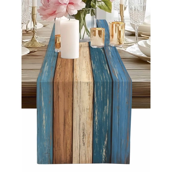 Table Runner Blue Wood Grain Table Runners Rustic Retro Brown Wooden Cotton Linen Dresser Scarf Kitchen Dining Table Decor for Home Dinner Party Decor 13x36 Inch