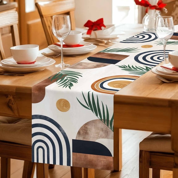 Table Runner Bohemian Arch Sun Abstract Geometric Dresser Scarves 13x36 Inch,Linen Table Runners Palm Leaf Nordic Style Tablerunner for Home Dining Indoor Outdoor Wedding Party Tabletop Decor