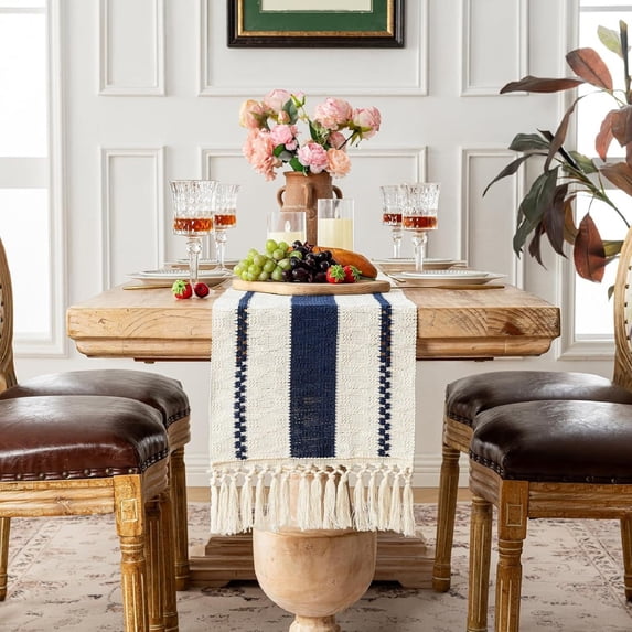 Table Runner Boho 70 Inches, Farmhouse Table Decor with Long Tassels, Rustic Cotton Linen Runner for Dining Room, Fall and Wedding, 11x70 Inches