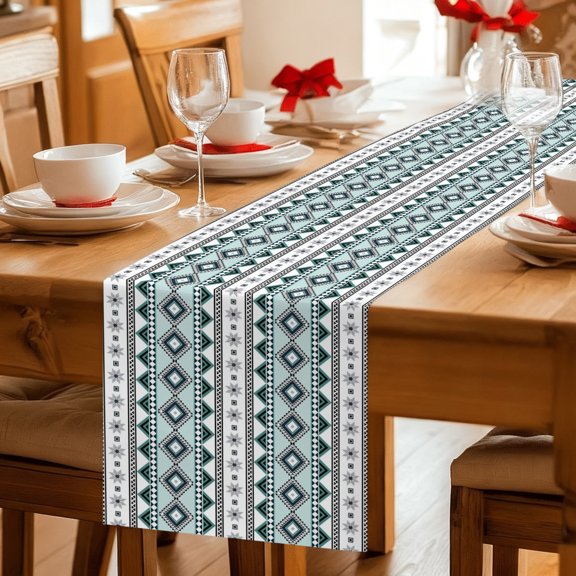 Table Runner Boho Diamond Pattern Dresser Scarves 13x36 Inch,Linen Table Runners Ethnic Style Blue Strips Tablerunner for Home Dining Indoor Outdoor Wedding Party Tabletop Decor