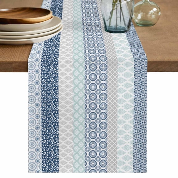 Table Runner Boho Soft Linen Style Table Runner Cloth Bohemian Geometric Stripes Teal Grey Dining Table Decor for Kitchen, Dining Room, Parties, Holiday & Everyday Use 13x36 Inch