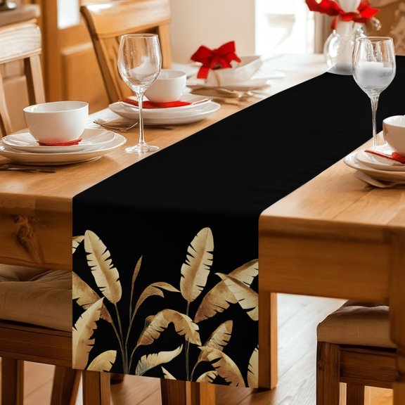 Table Runner Botanical Golden Foliage on Black Dresser Scarves 13x36 Inch,Linen Table Runners Tropical Palm Leaves Tablerunner for Home Dining Indoor Outdoor Wedding Party Tabletop Decor