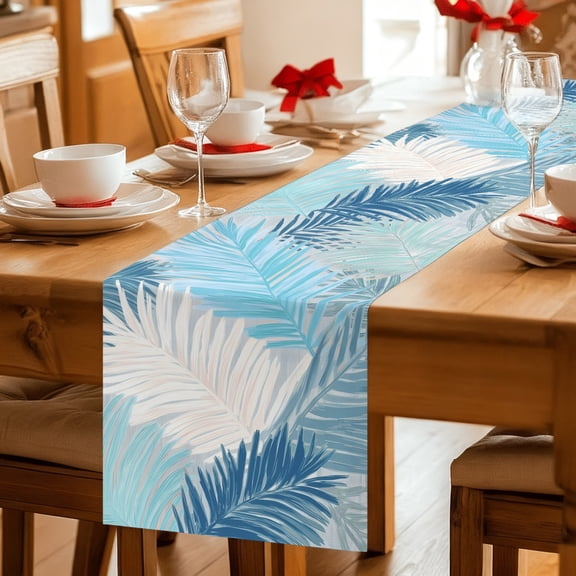 Table Runner Botanical Palm Leaves Light Blue Dresser Scarves 13x36 Inch,Linen Table Runners Teal Botanical Tropical Fronds Tablerunner for Home Dining Indoor Outdoor Wedding Party Tabletop Decor