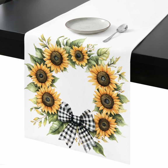 Table Runner Bow Sunflower Wreath Decorative Dining Table Runner Spring Flower Kitchen Table Decoration for Home, Holiday and Party Use 13x36 Inch