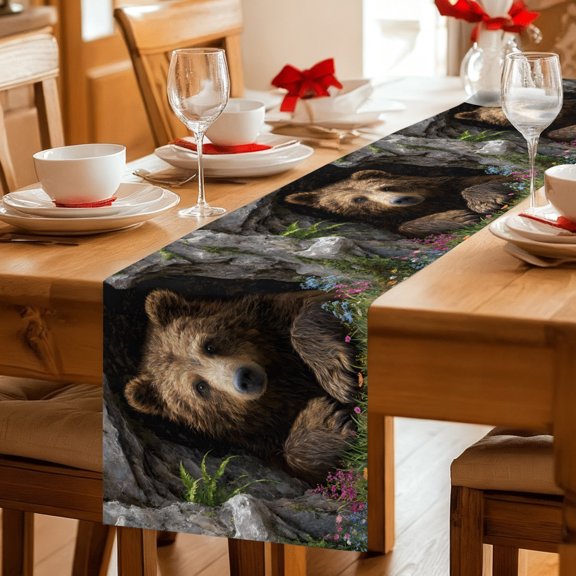 Table Runner Brown Bear Rustic Wildflowers Cave Dresser Scarves 13x36 Inch,Linen Table Runners Nature Animals Tablerunner for Home Dining Indoor Outdoor Wedding Party Tabletop Decor