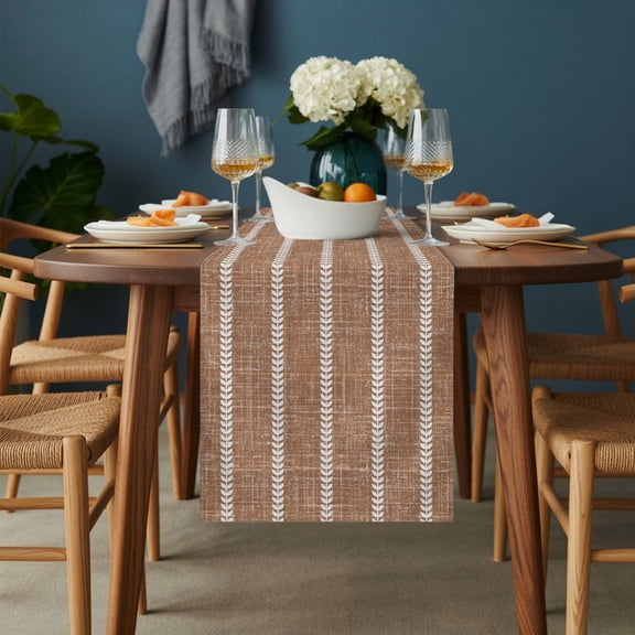 Table Runner Brown Boho Stripe Light Linen Dresser Scarves 13x36 Inch,Linen Table Runners Retro Nordic Lines Tablerunner for Home Dining Indoor Outdoor Wedding Party Tabletop Decor